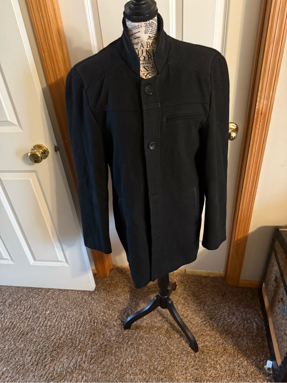 Men's Black Stand Collar Wool Coat